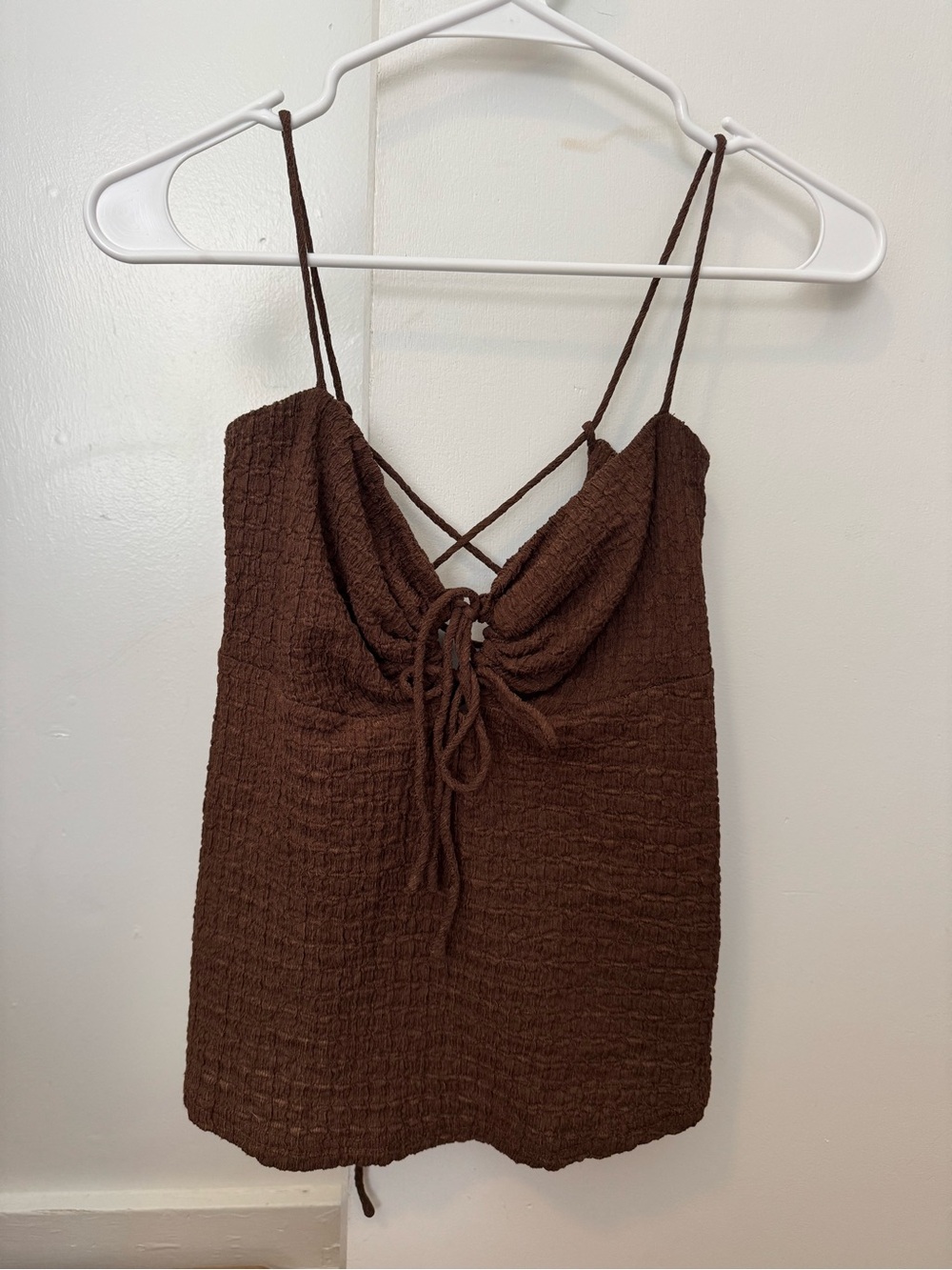 Women's Textured Brown Tie-Front Cami Top slit in the back